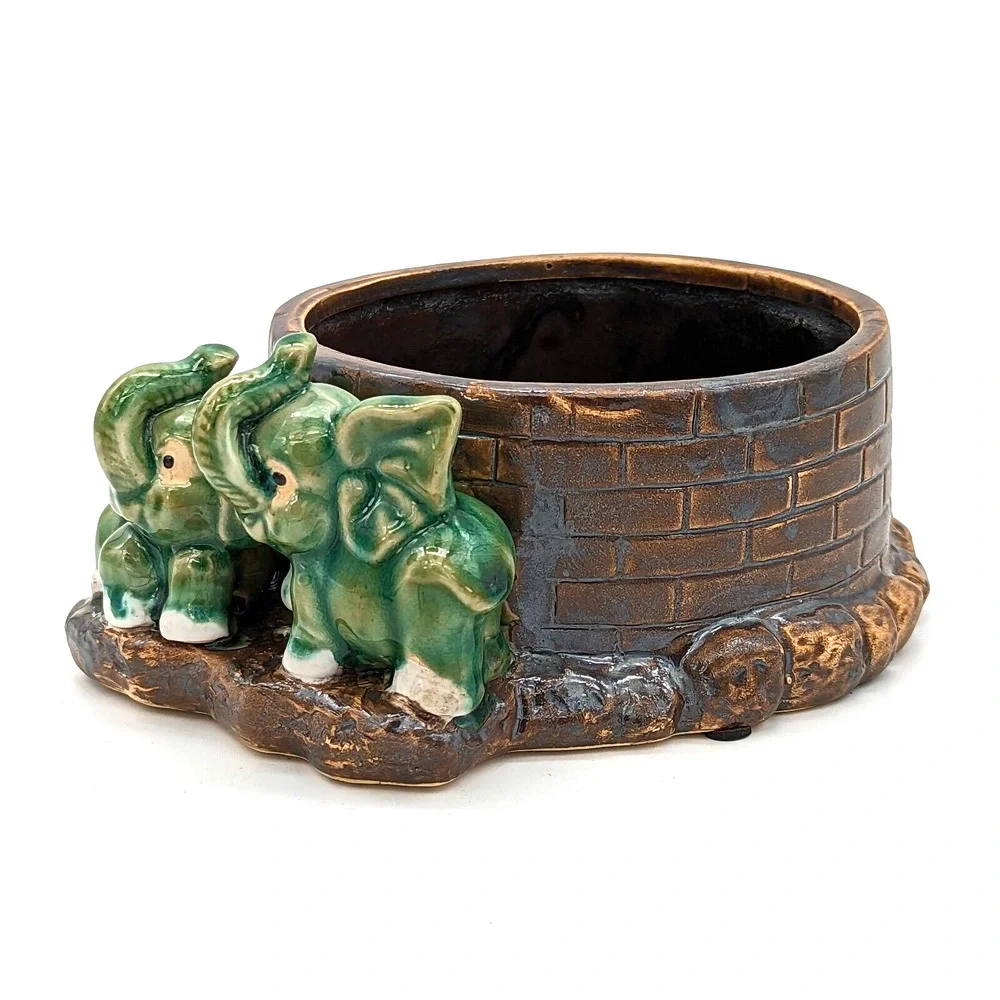 Vintage Majolica Lucky Elephant Planter Two Green Elephants Trunks Up China - Picture 9 of 12